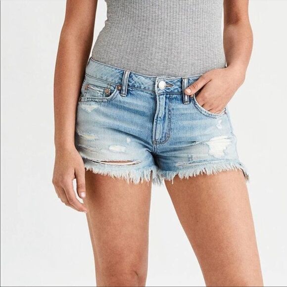 EXCELLENT DISTRESSED CONDITION SIZE 8 AMERICAN EAGLE STRETCH SHORTIE SHORTS - Picture 1 of 6